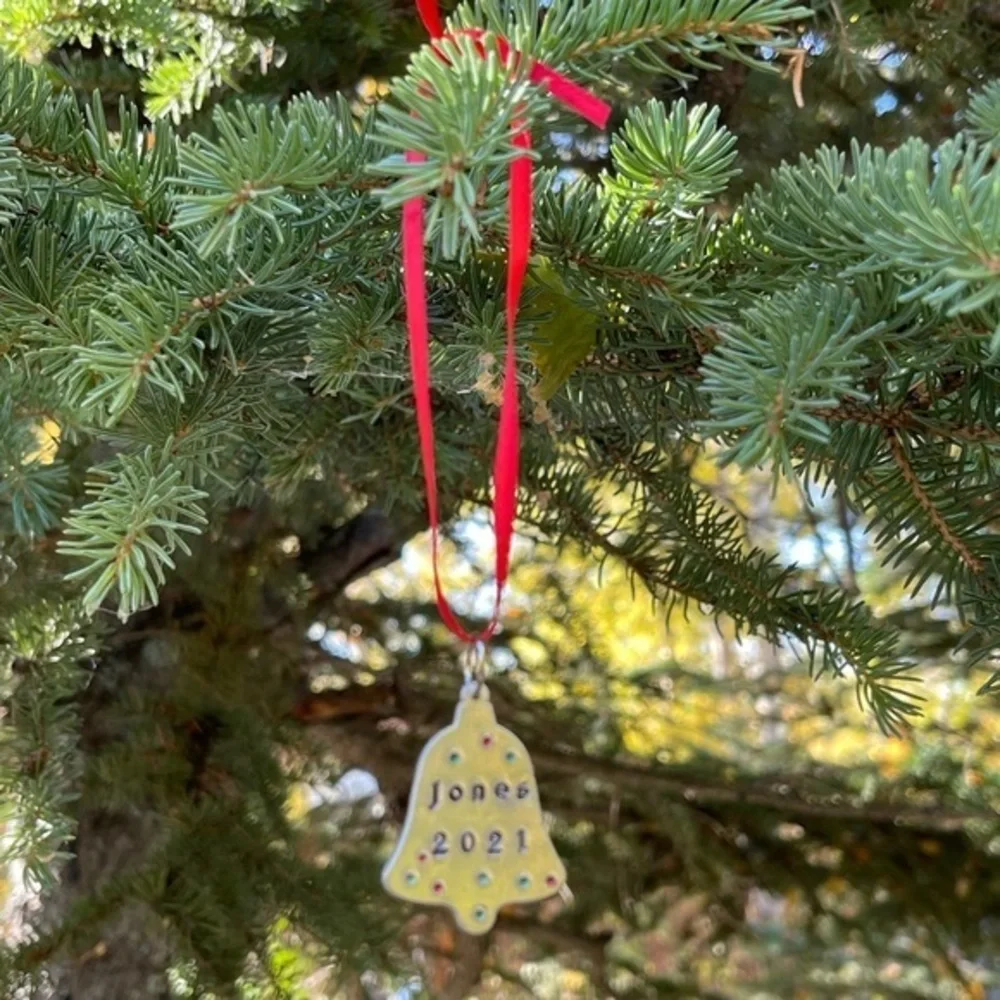 Handmade stamped bell silver personalized holiday Christmas aluminum‎ ornament